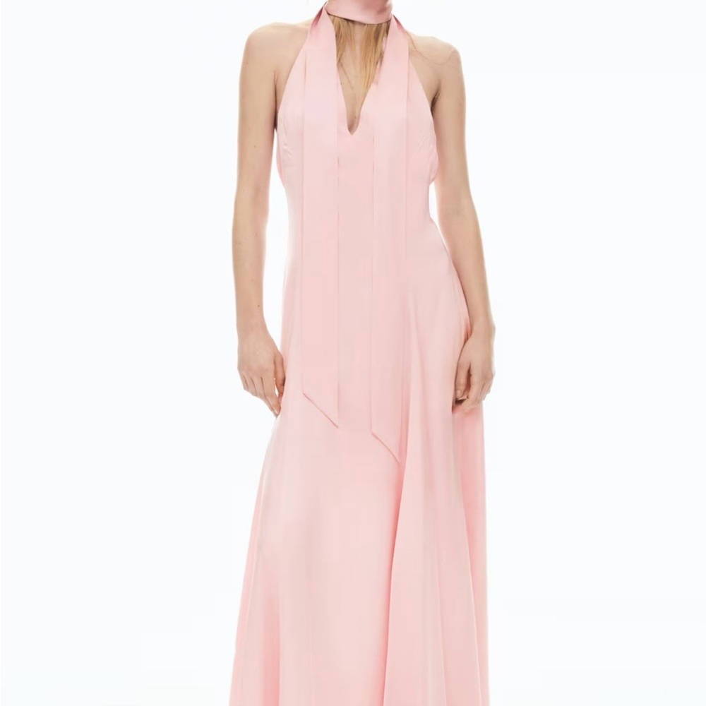 H&M Flared-Skirt Satin Sleeveless Halter Neck Dress (Light Pink)  NWT